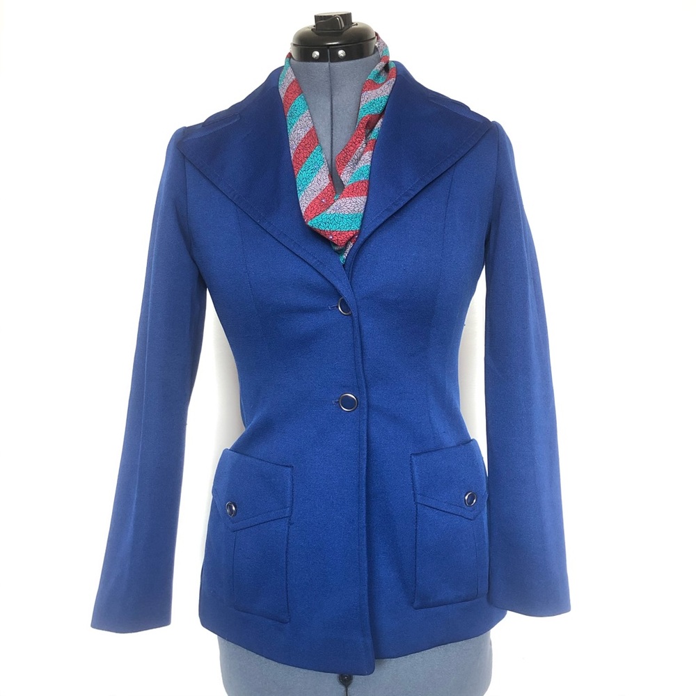 Vintage 1970s Royal Blue Blazer Button Up Jacket Leisure Suit Coat Medium Fitted
